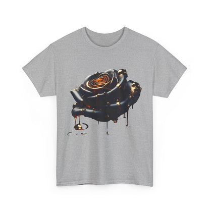 Front view of the elegant Close-Up Abstract Rose Unisex Cotton Tee Graphic T Shirt, featuring a striking abstract rose design in dark tones with molten accents.