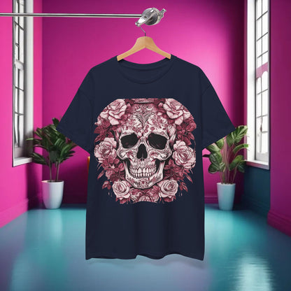 Elegant Skulls and Roses Cotton Tee showcased in a vibrant interior, capturing a luxurious alternative fashion vibe.