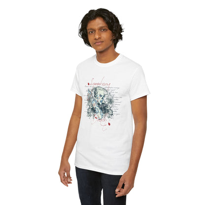 Another model displaying the vintage white t-shirt adorned with a captivating skull graphic and artistic scrolls, showcasing a blend of music and art.