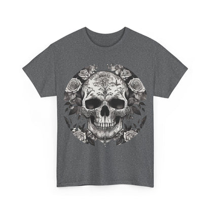 Front view of the Skulls and Roses Cotton Tee in a unique grey colour, displaying the intricate skull and floral design.