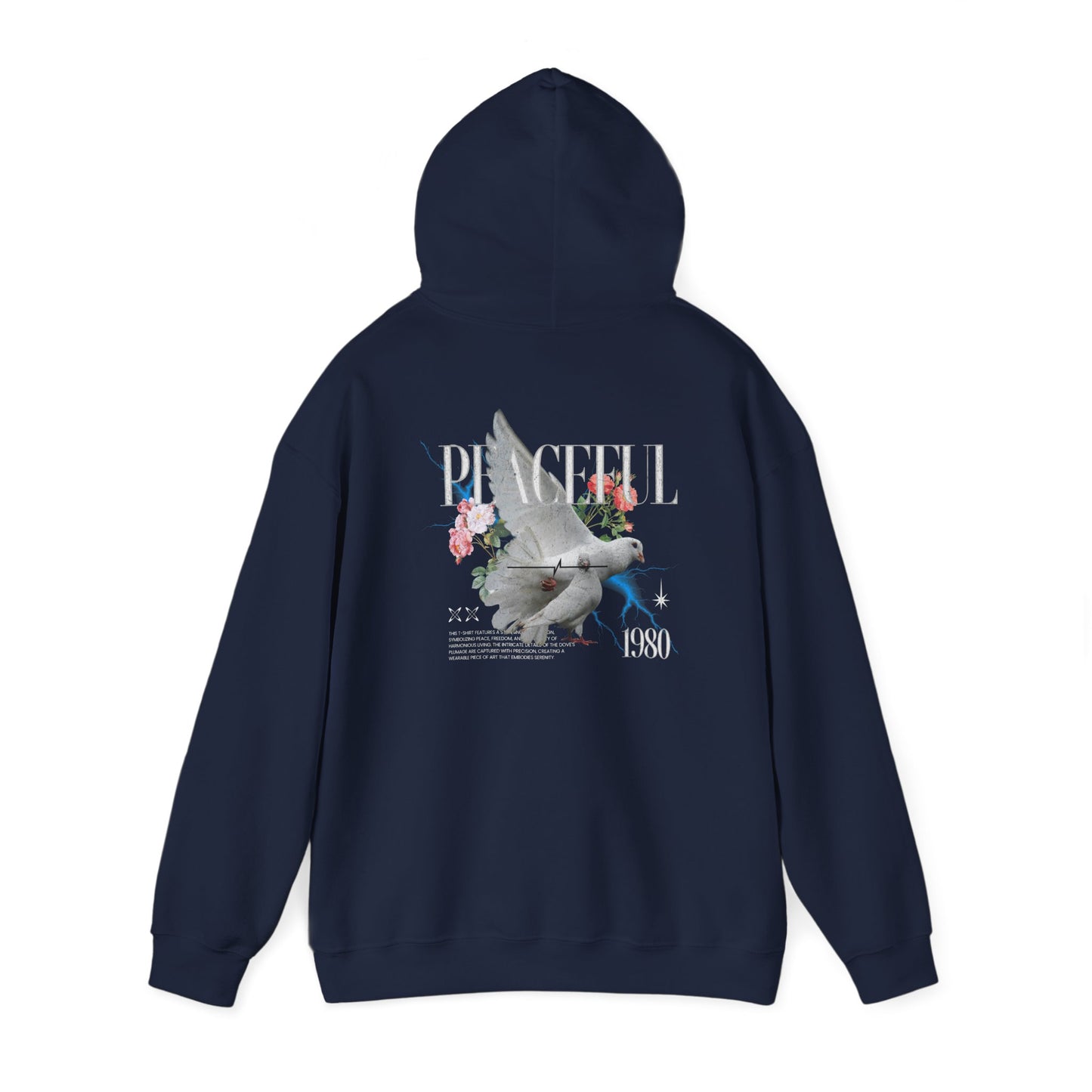 Navy hoodie featuring a captivating dove design on the back, embellished with beautiful flowers and the prominent word 'PEACEFUL', paired with a retro '1980' for an upscale fashion statement.