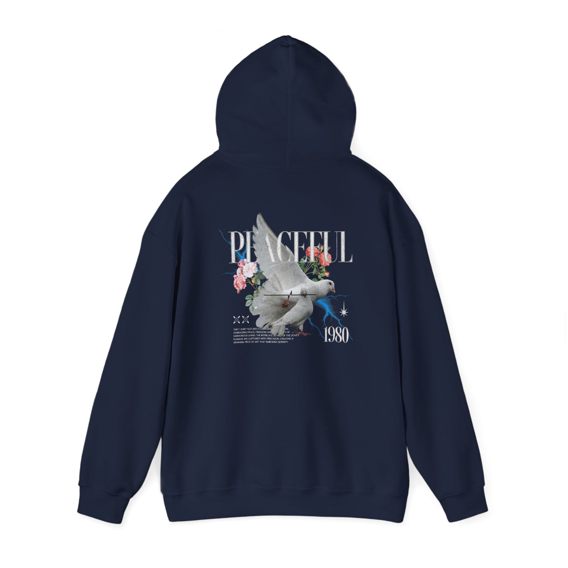 Navy hoodie featuring a captivating dove design on the back, embellished with beautiful flowers and the prominent word 'PEACEFUL', paired with a retro '1980' for an upscale fashion statement.