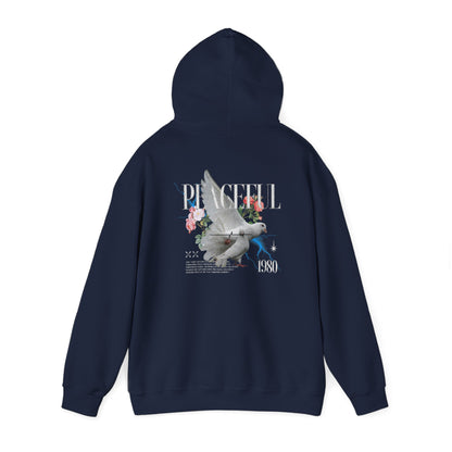 Navy hoodie featuring a captivating dove design on the back, embellished with beautiful flowers and the prominent word 'PEACEFUL', paired with a retro '1980' for an upscale fashion statement.