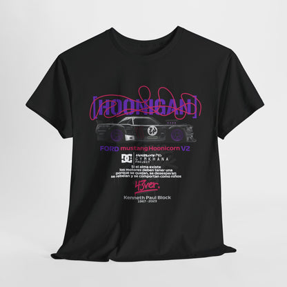 Dynamic black t-shirt showcasing the Ford Mustang Hoonicon V2 graphic, with vibrant purple and white text and intricate styling, set against a soft fabric background.