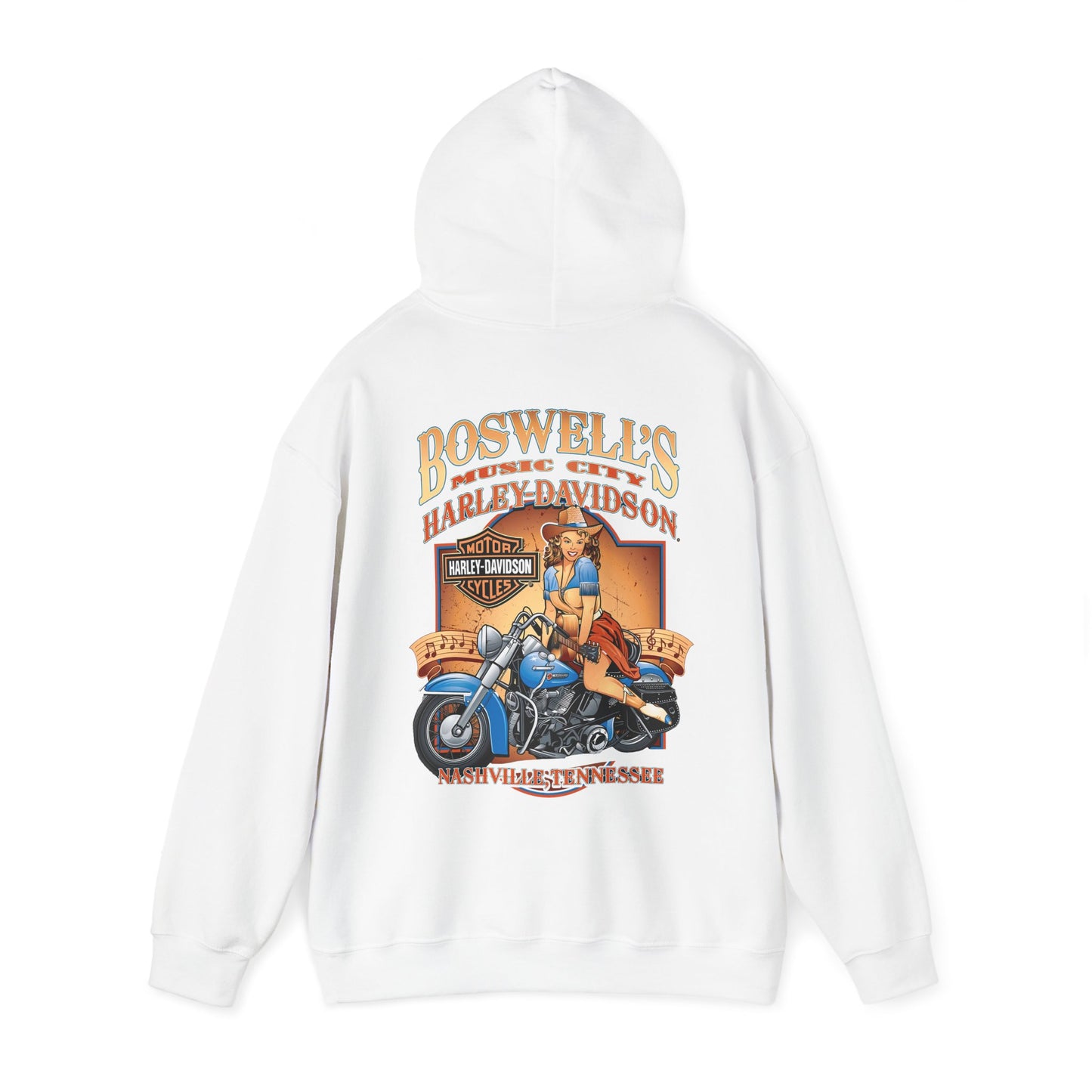 Elegant back view of a vintage-inspired white hoodie featuring a vibrant illustration of a confident pin-up girl on a classic motorcycle, promoting Boswell's Music City and Harley-Davidson culture.