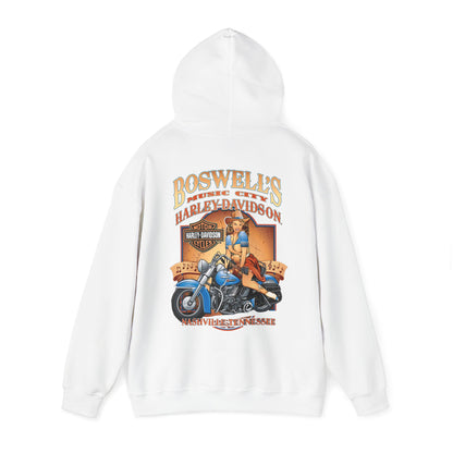 Elegant back view of a vintage-inspired white hoodie featuring a vibrant illustration of a confident pin-up girl on a classic motorcycle, promoting Boswell's Music City and Harley-Davidson culture.