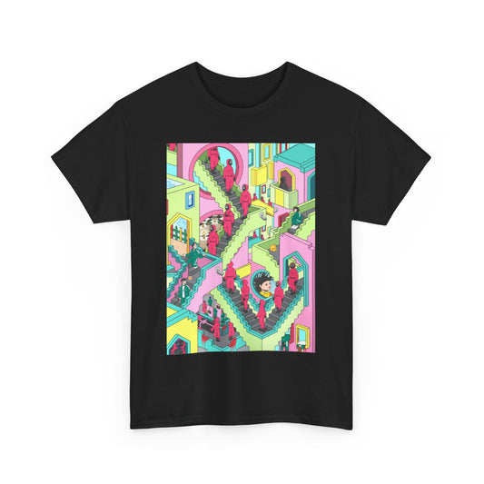 Stylish black unisex tee with a colourful Squid Game-inspired print, elegantly capturing a chaotic stairwell scene with characters in striking attire.