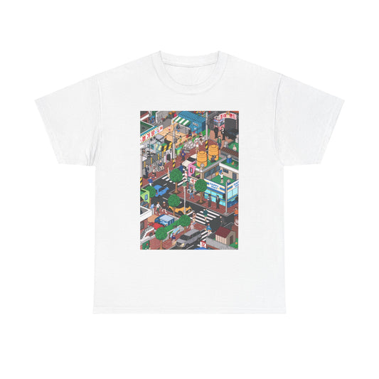 Chic unisex graphic cotton t-shirt showcasing vibrant modern urban artwork, ideal for fashion-forward individuals.