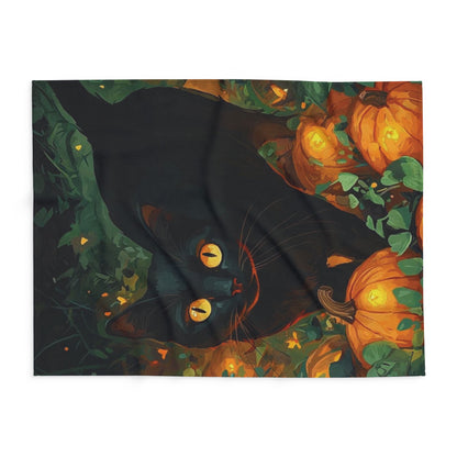 Decorative and Warm Halloween Spooky Arctic Fleece Blanket featuring a black cat surrounded by glowing pumpkins, perfect for adding a festive touch to your home this Halloween season.