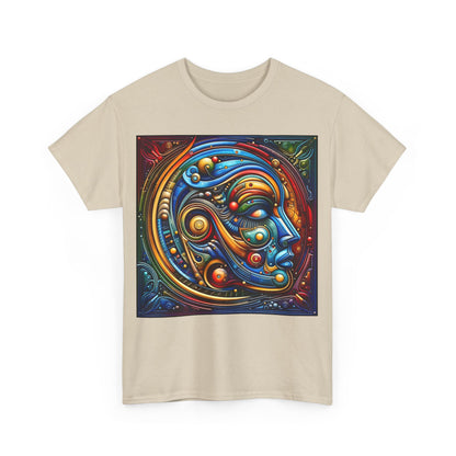 Front view of the Stained Glass Dreams Unisex T-Shirt in beige, featuring a stunning abstract face design that combines art and fashion harmoniously.