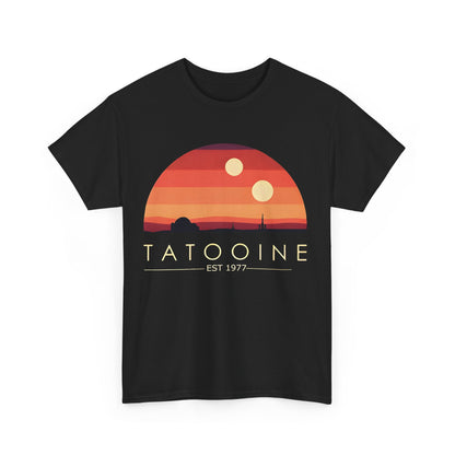 Luxurious Tatooine Graphic Unisex Tee Shirt displaying a stunning sunset design, featuring a semi-circular horizon with twin suns, evoking the charm of a sci-fi classic.