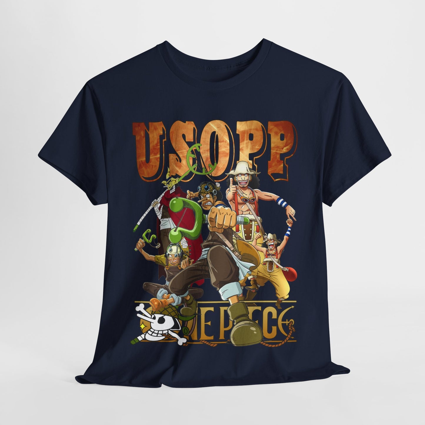 Sophisticated front view of the Usopp t-shirt, adorned with dynamic character illustrations, perfect for fans who appreciate luxury in anime apparel.