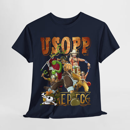 Sophisticated front view of the Usopp t-shirt, adorned with dynamic character illustrations, perfect for fans who appreciate luxury in anime apparel.