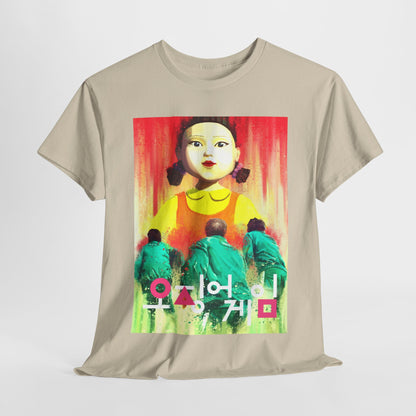 Luxurious Squid Game unisex graphic t-shirt featuring a striking design with a prominent animated character, perfect for stylish streetwear.