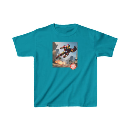 Kids Iron Man Printed Heavy Duty T-Shirt in vibrant teal, showcasing a striking Iron Man graphic, ideal for adventurous young fans.