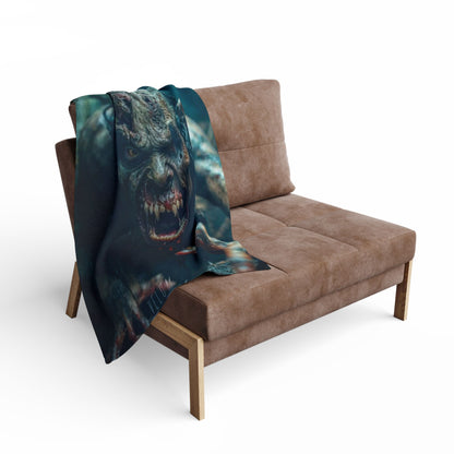 Stylish application of the Decorative and Warm Halloween Spooky Arctic Fleece Blanket draped elegantly over furniture, illustrating a trendy addition to festive home decor.