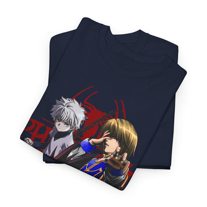 Two neatly folded navy T-shirts with a striking anime design, symbolising both style and fandom.