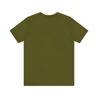 The back view of a premium unisex short sleeve tee in a rich olive tone, exuding elegance and comfort, showcasing quality craftsmanship.