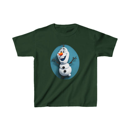 Kids Cute Frozen Olaf T-shirt Heavy Cotton Tee in forest green depicting Olaf, the whimsical snowman from Frozen, a must-have for fashionable children.