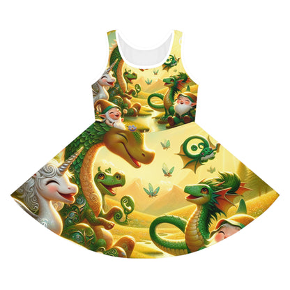Liliana Starlet Girls Sundress by Dazzling Dreams Studio featuring a vibrant print of whimsical unicorns and dragons, perfect for summer adventures.