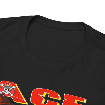 Close-up view of the collar and neckline of a premium black t-shirt showcasing a bold Ace design from One Piece, highlighting quality craftsmanship and stylish details.