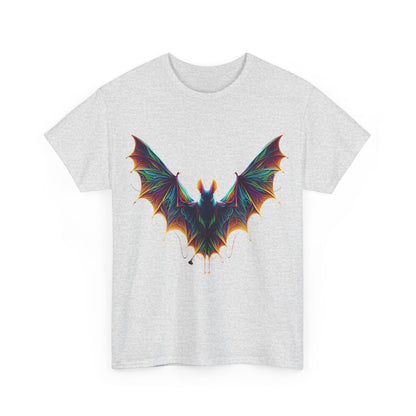 Front view of the Radiant Evolution Bat Tee featuring a stunning bat design in vibrant rainbow hues, perfect for fashion-forward individuals.