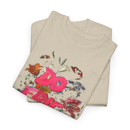 Luxurious stack of unisex graphic t-shirts in beige, adorned with a dynamic floral motif and the empowering slogan 'DO EPIC SHIT', perfect for modern adventure seekers.