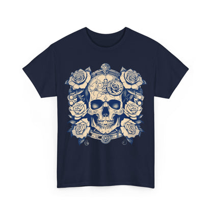 Close-up of the navy Skulls and Roses Cotton Tee, accentuating the intricate skull and rose design, a luxurious statement piece for distinguished fashion enthusiasts.