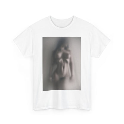 Chic white tee showcasing an abstract representation of a shadowy nude, perfect for those who appreciate modern artistry and unique fashion statements.