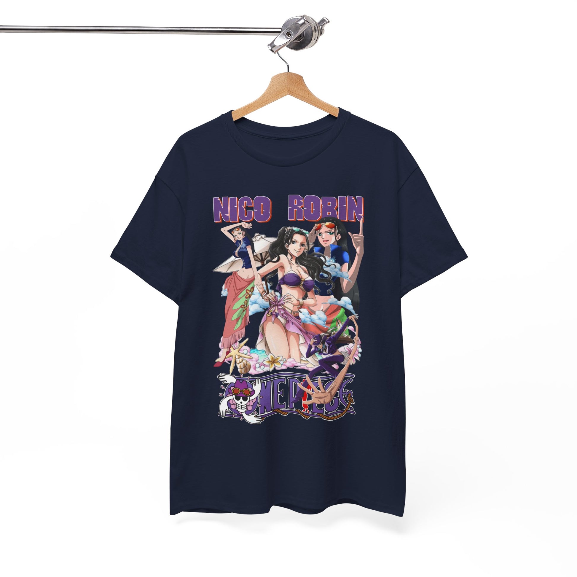 Chic navy t-shirt hanging on a stylish hanger, adorned with colourful anime characters, ideal for anime enthusiasts and beach lovers.