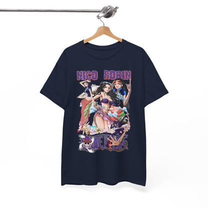 Chic navy t-shirt hanging on a stylish hanger, adorned with colourful anime characters, ideal for anime enthusiasts and beach lovers.