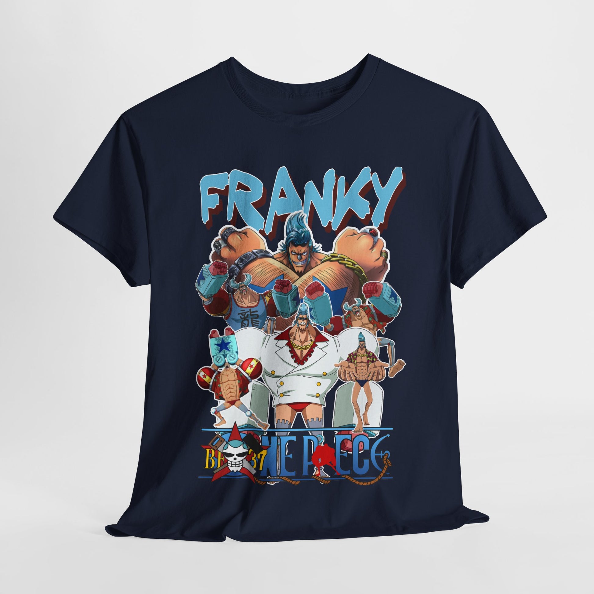 Luxurious navy t-shirt featuring bold graphic design of Franky and crew from the anime 'One Piece', showcasing vibrant colours and intricate details.