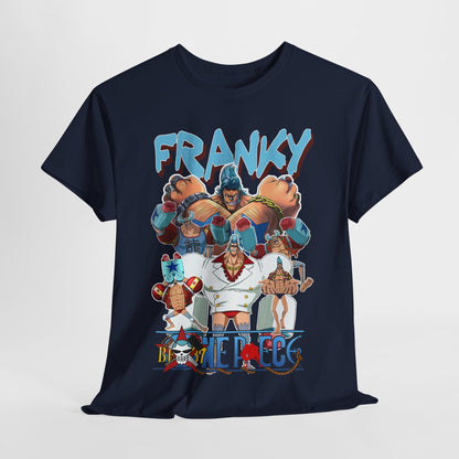 Luxurious navy t-shirt featuring bold graphic design of Franky and crew from the anime 'One Piece', showcasing vibrant colours and intricate details.