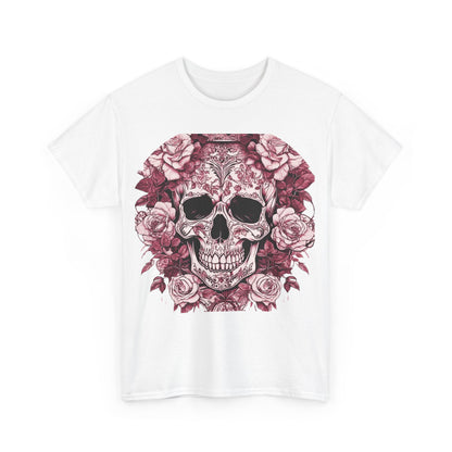 Front view of the Skulls and Roses Cotton Tee - Luxurious white tee displaying an intricate graphic of a skull surrounded by roses.