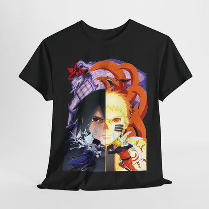 Luxury anime-inspired T-shirt featuring a split-screen design of Sasuke Uchiha and Naruto Uzumaki, showcasing vibrant colours and dynamic action scenes, perfect for bold fashion aficionados.