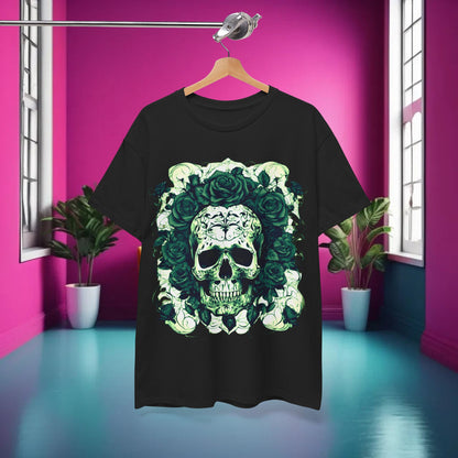 Luxurious Skulls and Roses Cotton Tee displayed on a hanger against a vibrant pink wall, showcasing intricate skull and rose graphics, perfect for alternative fashion lovers.
