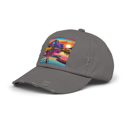 Unisex Distressed Paddleboarders Cap – Stylish Sun Protection for Adventure Seekers, featuring a close-up view of a fashionable grey cap embellished with a colourful paddleboarding design, ideal for enthusiasts.