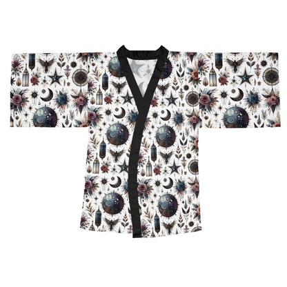 Floral Kimono Robe, Women's Robe, Designer Lounge Wear displayed with intricate floral patterns blended with celestial motifs, perfect for chic lounging.