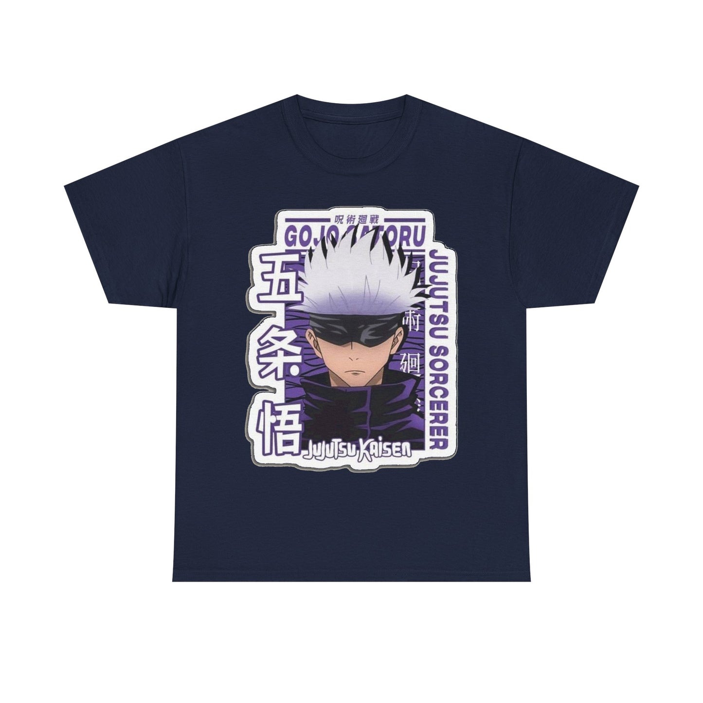 Sophisticated navy Gojo Satoru T-shirt with an eye-catching 'Jujutsu Sorcerer' graphic, a must-have for anime aficionados.