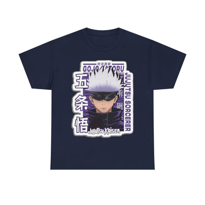 Sophisticated navy Gojo Satoru T-shirt with an eye-catching 'Jujutsu Sorcerer' graphic, a must-have for anime aficionados.