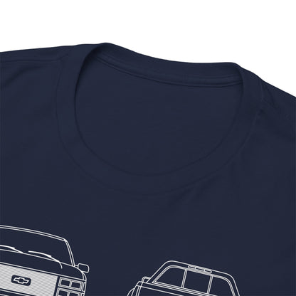 Close-up view of the neckline of a premium Chevrolet Cheyenne T-shirt, highlighting its quality fabric and intricate truck designs in elegant detail.