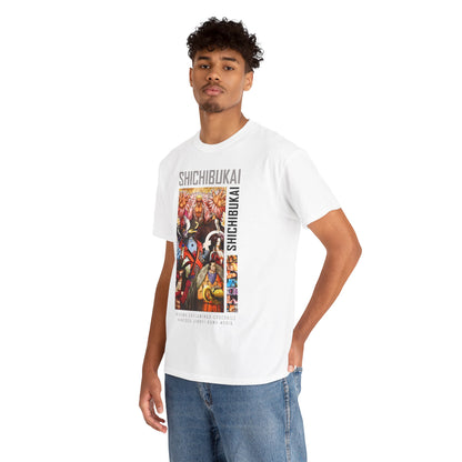 Fashionable model wearing the One Piece Shichibukai men's t-shirt, featuring a vibrant anime graphic, perfect for stylish anime enthusiasts.