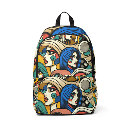 Mosaic Fusion Elegance Pop Art Chic Backpack featuring stylish abstract design with vibrant comic motifs, expertly crafted by Dazzling Dreams Studio for ultimate artistic expression and sophistication.