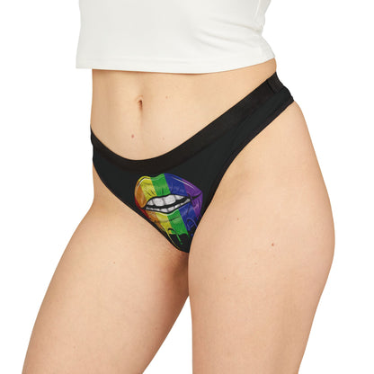 Luxurious women's graphic thong featuring a vibrant illustration of rainbow lips, perfect for playful romantic occasions and cheeky celebrations.