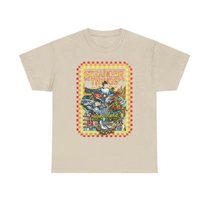 Elegant unisex Stranger Things Rink O Mania graphic t-shirt showcasing retro artwork of pinball machines and roller skates, perfect for fans of vintage style.