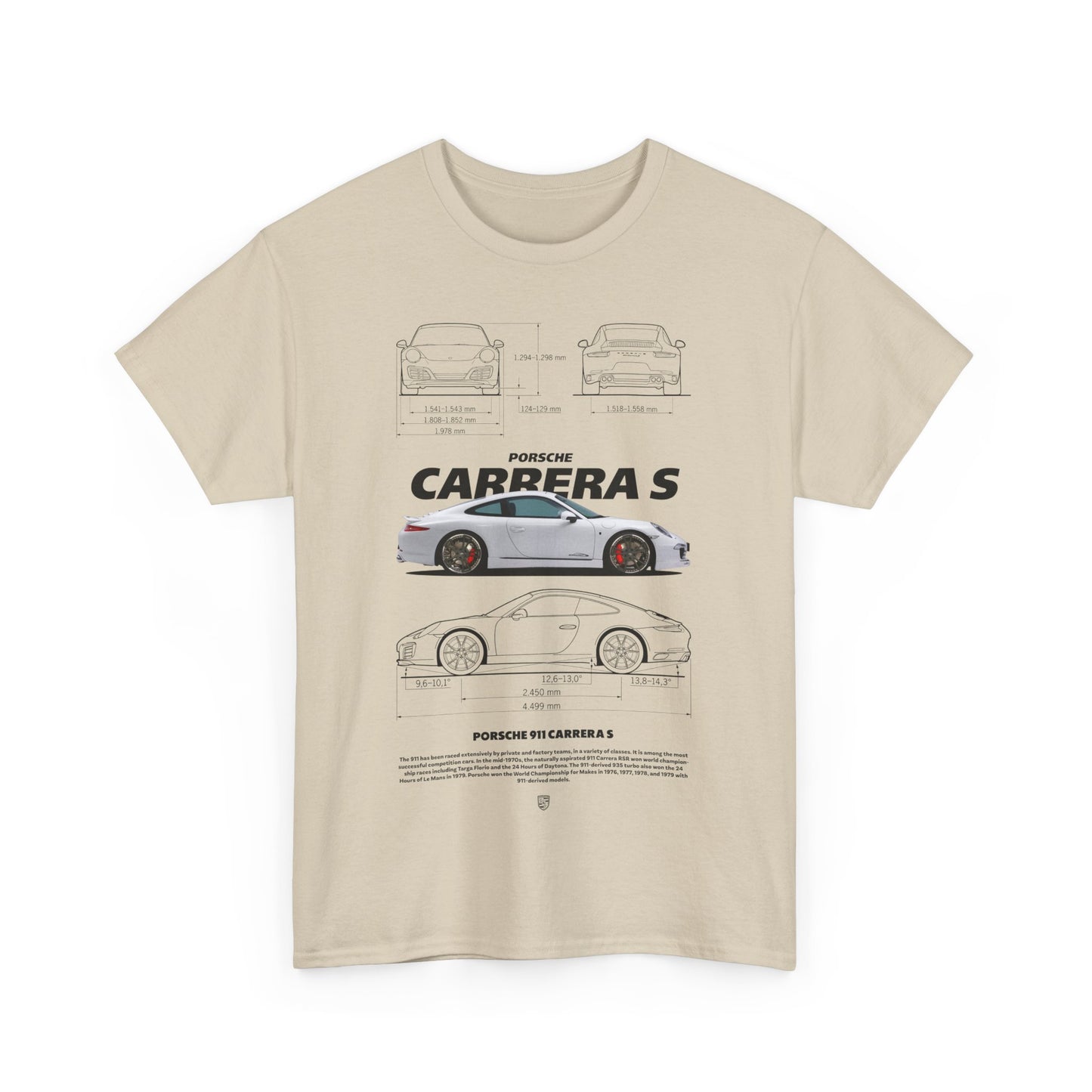 Men's beige T-shirt elegantly displaying a detailed technical illustration of the iconic Porsche 911 Carrera S, capturing its automotive sophistication.