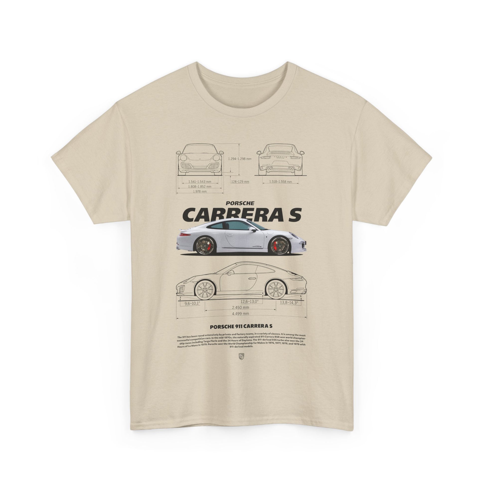 Men's beige T-shirt elegantly displaying a detailed technical illustration of the iconic Porsche 911 Carrera S, capturing its automotive sophistication.