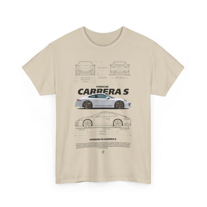 Men's beige T-shirt elegantly displaying a detailed technical illustration of the iconic Porsche 911 Carrera S, capturing its automotive sophistication.
