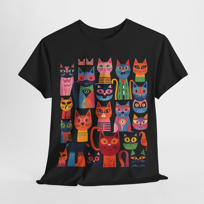 Purrfection Graphic T-Shirt displayed in black, showcasing an artistic array of playful cats, ideal for a chic and fashionable wardrobe.