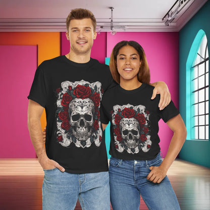 A model couple wearing the Skulls and Roses Cotton Tee, displaying the graphic design featuring skulls and roses in a chic and stylish manner against a colourful interior.